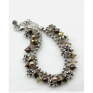 Brighton Bronze Faux Pearl Silver Bead Crystal Charm Bracelet